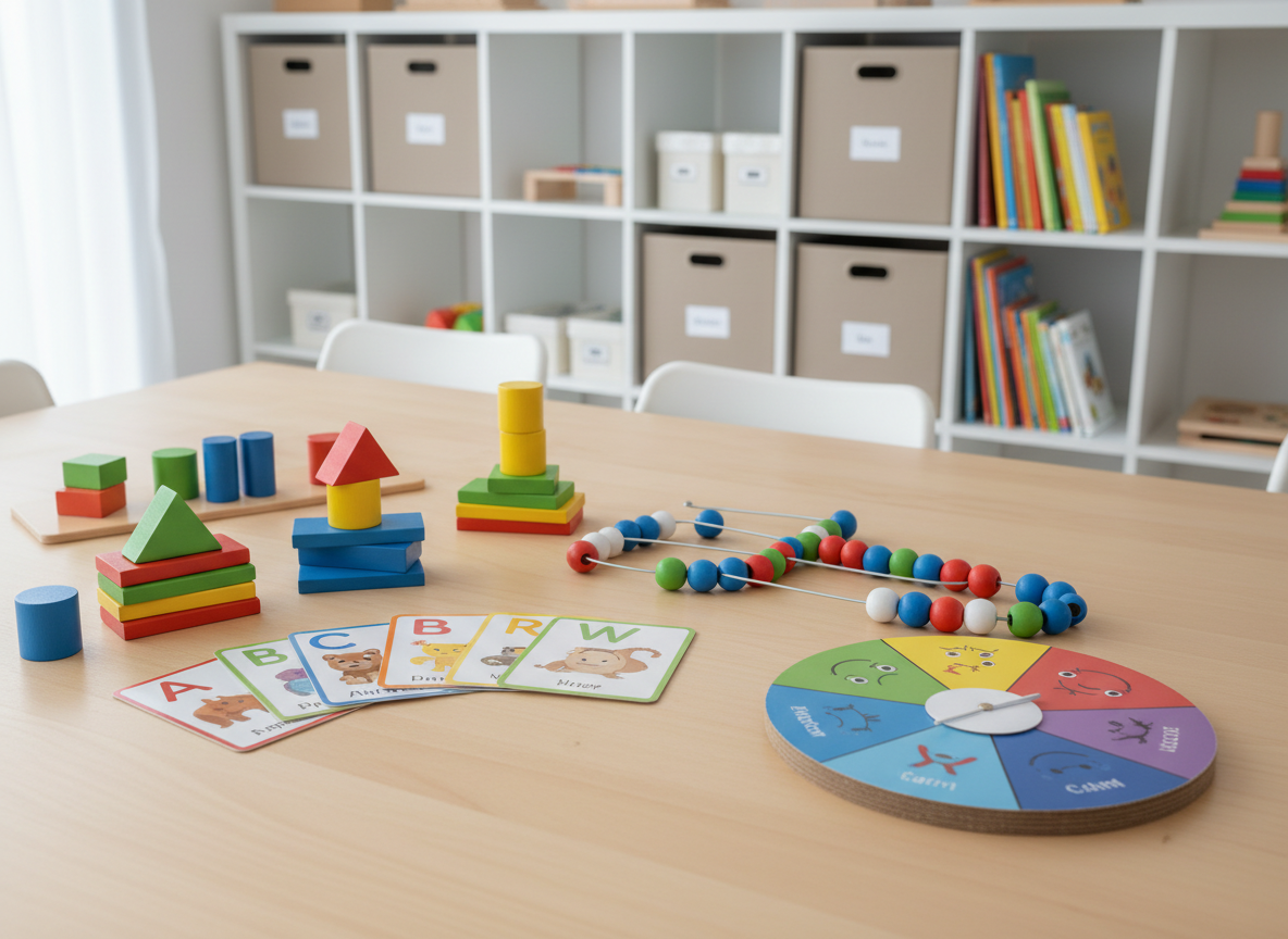 A bright, organized pedagogical workspace showcasing a large, light-wood table covered with colorful educational tools: wooden geometric shapes, Montessori-style counting beads, illustrated alphabet cards, and a sturdy cardboard emotions wheel. In the background, white shelving neatly displays labeled storage boxes, picture books, and stackable puzzles. Soft natural daylight enters from an unseen window, creating gentle highlights on smooth wood surfaces and matte card textures, with subtle shadows under each object. Captured at eye level with a slight diagonal perspective and moderate depth of field, the foreground tools are crisp while the shelves softly blur. The photographic realism and clean, modern aesthetic convey a professional, calm, and inspiring environment dedicated to children’s learning and skill development.