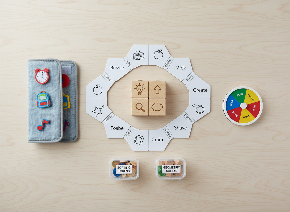 A meticulous flat lay of innovative pedagogical tools arranged on a pale birch surface: modular wooden blocks with embedded symbols, reversible picture-word learning tiles, a foldable fabric schedule board with Velcro-backed icons, and a compact, colorful spinner used for playful decision-making games. Small, labeled containers hold sorting tokens and mini geometric solids. Overhead, diffused studio lighting produces an even, shadow-softened illumination that highlights each material’s texture—from smooth varnished wood to soft fabric. Captured from a true top-down, bird’s-eye perspective with balanced spacing, the composition feels clean, methodical, and visually engaging. The photographic realism and precise arrangement emphasize structure, creativity, and adaptability in learning methods and tools designed to support diverse educational needs.