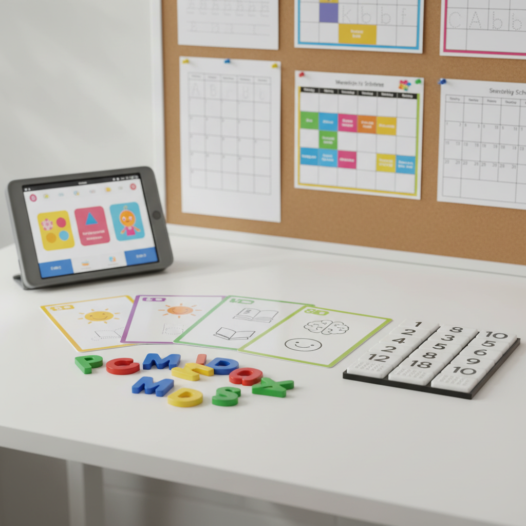 A close-up of a structured learning kit laid out on a matte white desk: laminated activity cards with simple icons, magnetic letters in primary colors, tactile number tiles with raised dots, and a compact tablet displaying a colorful, child-friendly learning interface. A corkboard in the softly blurred background holds neatly pinned printable worksheets and a weekly learning schedule. Diffused daylight from the side casts soft, even illumination, minimizing harsh shadows and emphasizing clear, legible details. Shot from a slightly elevated angle with shallow depth of field, the central activity cards and materials are sharply in focus. The photographic image feels organized, professional, and innovative, highlighting modern educational resources designed to support structured, high-quality learning.