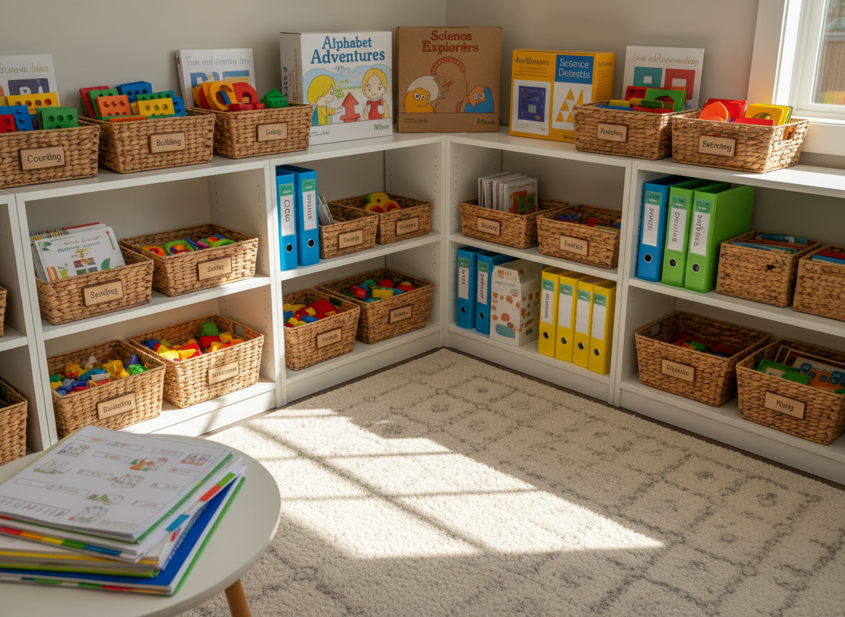 An inviting bookshelf corner designed for children’s educational growth, featuring low, white shelves filled with carefully arranged pedagogical tools: categorized baskets of manipulatives, brightly illustrated learning games in sturdy boxes, and color-coded binders labeled with skills like “logic”, “language”, and “motor skills”. A soft, neutral rug anchors the scene, while a small, round side table holds a stack of open, spiral-bound teacher guides and planning notebooks. Gentle afternoon light washes across the scene from the right, creating a warm, calm ambiance with mild shadows behind objects. Photographed at an eye-level, wide-angle view with sharp focus throughout, the realistic image projects a sense of structure, accessibility, and professionalism, ideal for representing a company dedicated to thoughtful educational support.